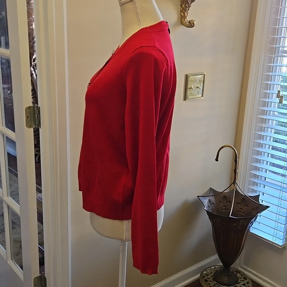 Adrianna Papell Haute Red Pullover Sweater silver bow buttons crewneck  MED NEW…